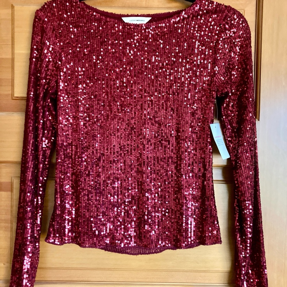 NWT Lucky Brand Sequin Long Sleeve Top - Red